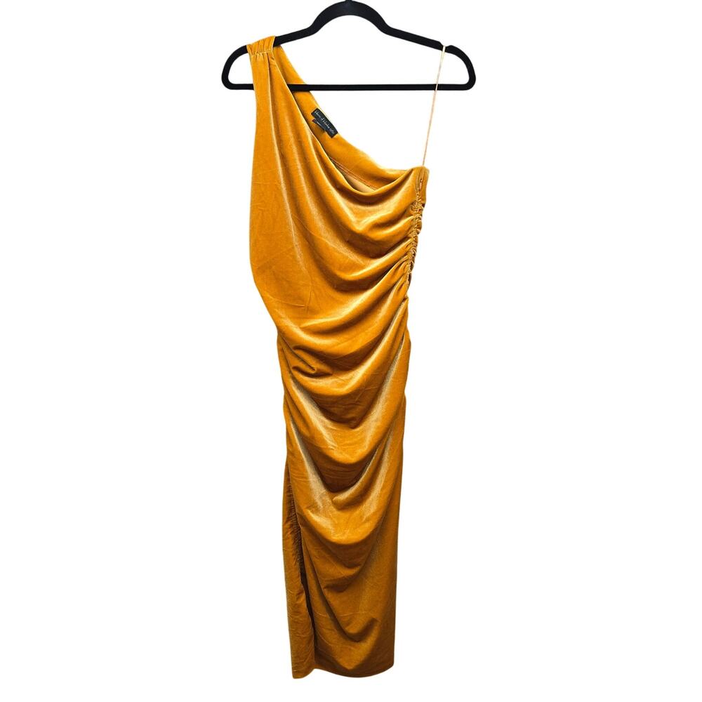 House of Harlow 1960 Velvet Dress Womens Medium Gold Asymmetrical Bodycon Flaw